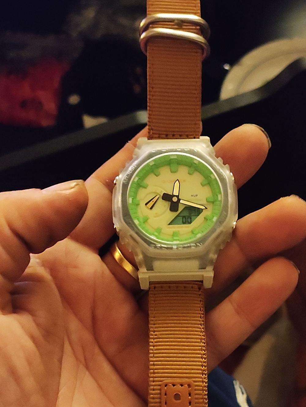 G-Shock White Case Watch with Green Dial and Brown Strap